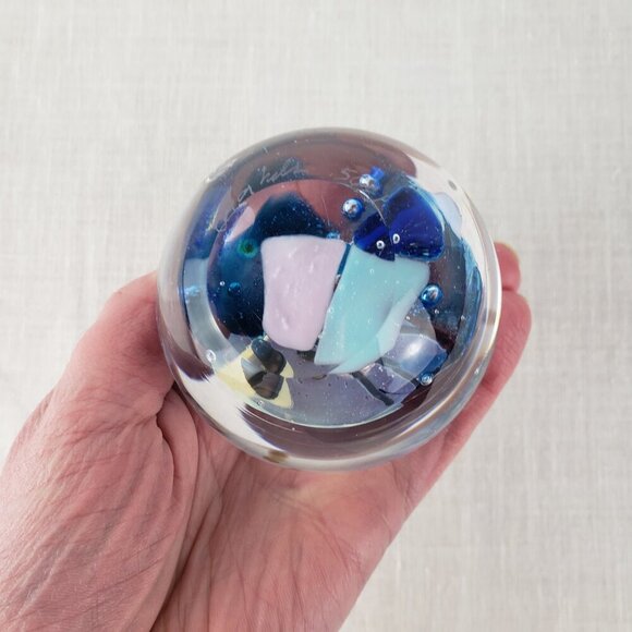 Spherical Art Glass Paperweight Controlled Bubbles Blue Pink Abstract Signed - Picture 6 of 7